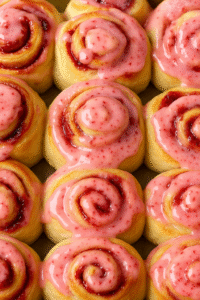 Pan of strawberry cinnamon roll