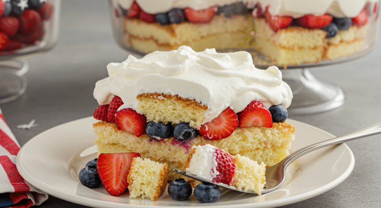 Patriotic 4th of July Berry Trifle with strawberries, blueberries, whipped cream, and cake