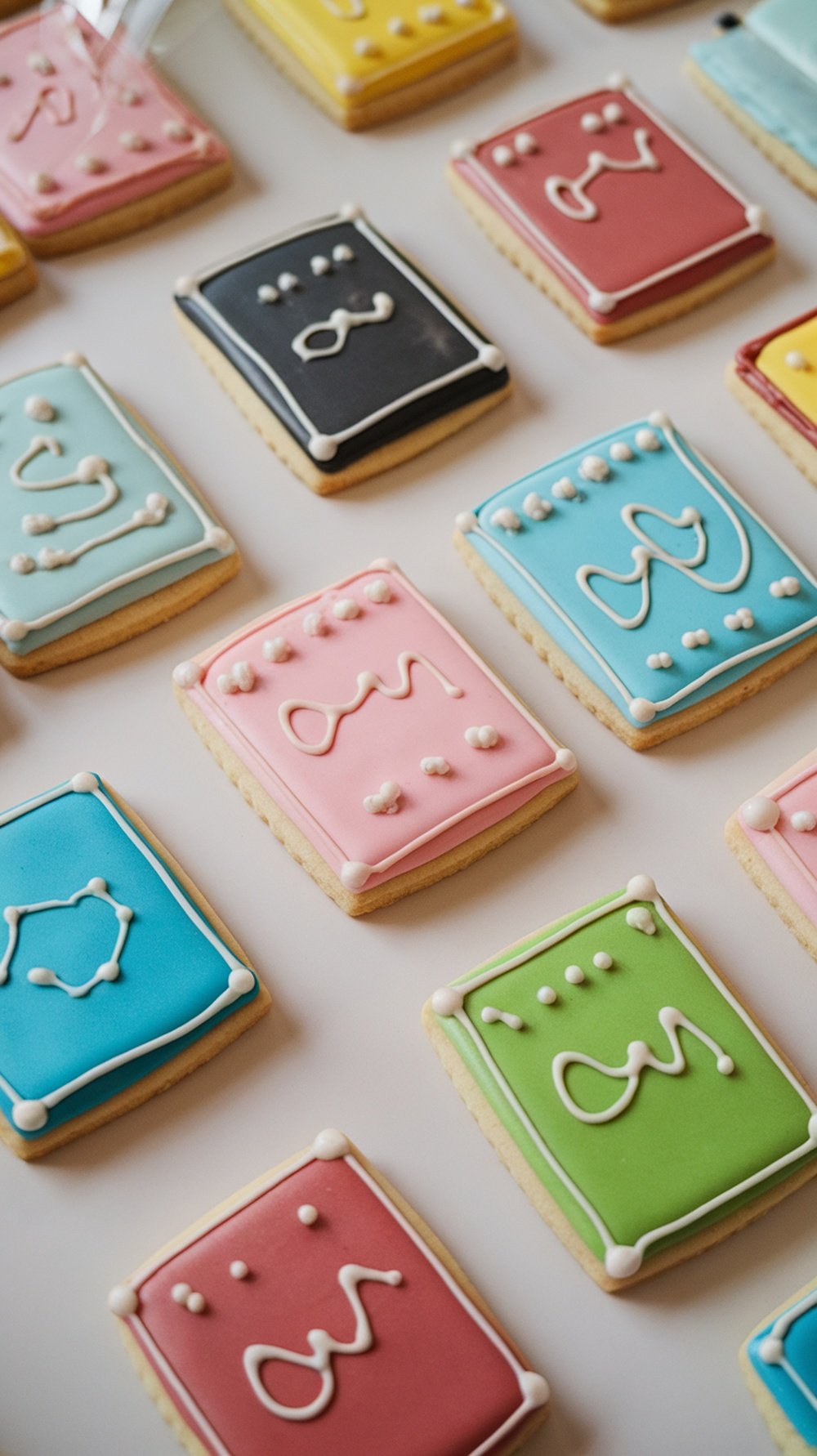 Decorative baby block cookies in various colors and designs.