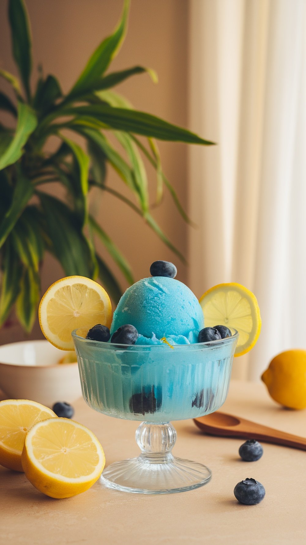 A bowl of blue blueberry lemonade sorbet topped with blueberries and lemon slices.