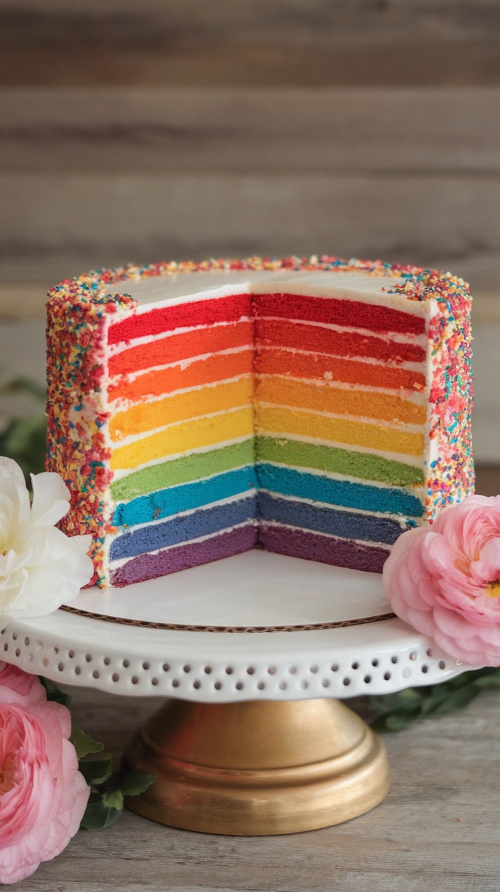 A vibrant multi-layered rainbow cake with colorful frosting and sprinkles.