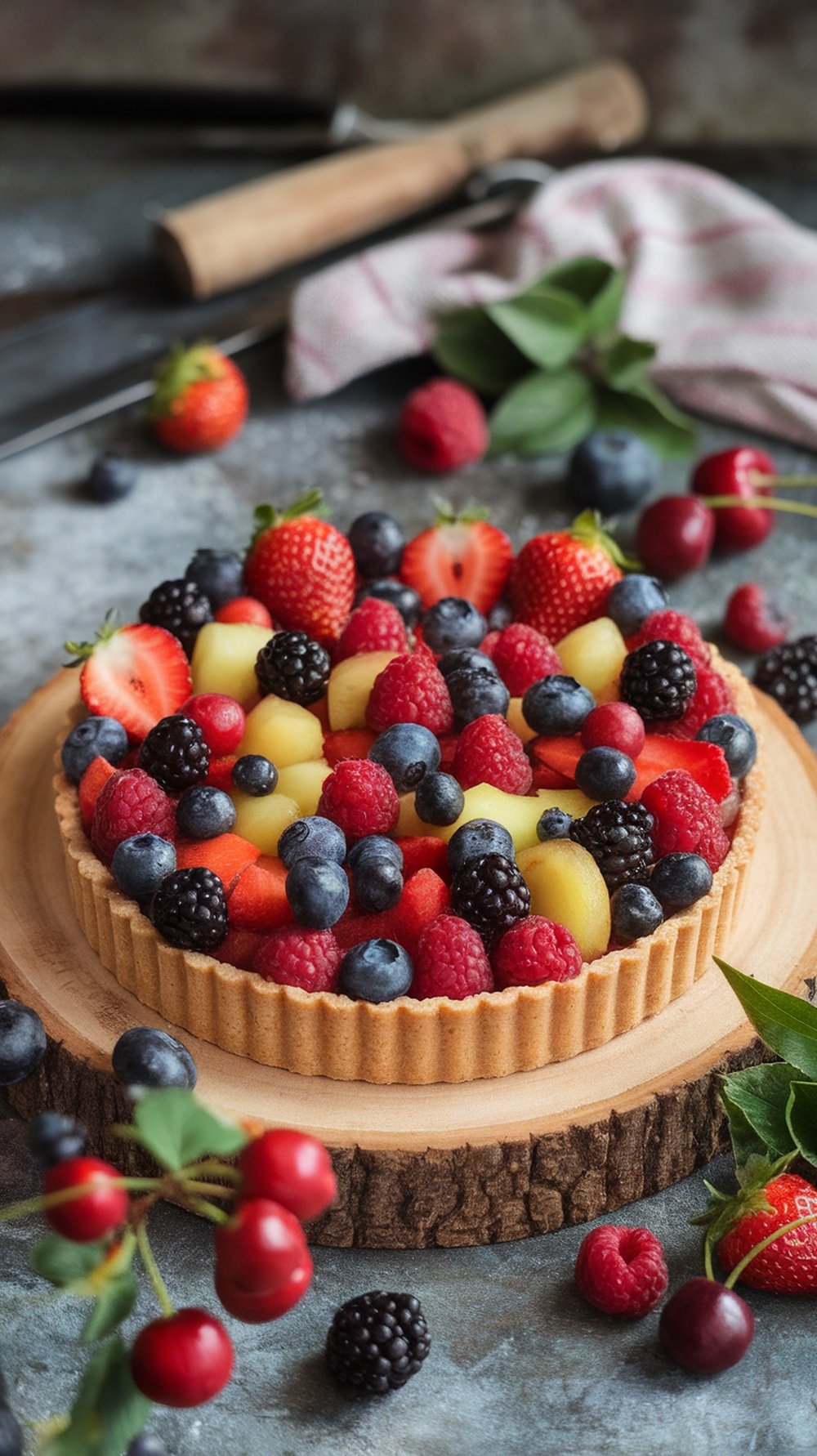 A beautiful fruit tart with a variety of fresh berries and melon balls on a wooden board.