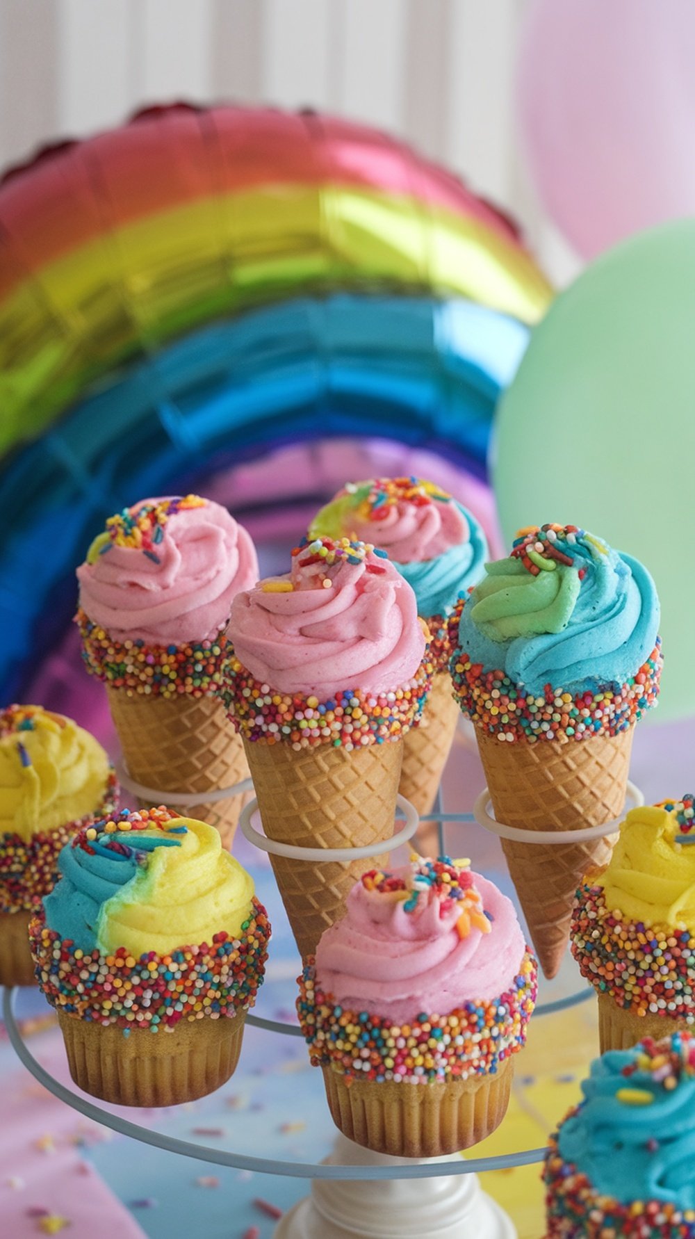 A colorful display of cupcake cones with vibrant frosting and sprinkles.