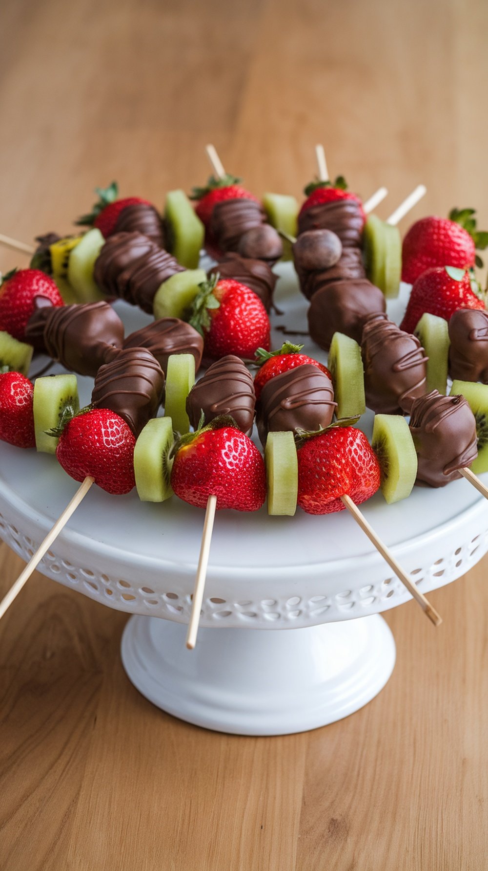 Chocolate-dipped fruit skewers with strawberries and kiwi arranged on a cake stand.