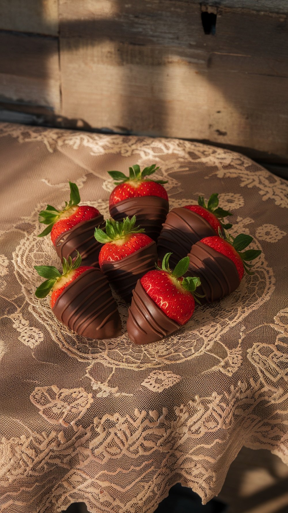 Chocolate-dipped strawberries arranged on a lace tablecloth.