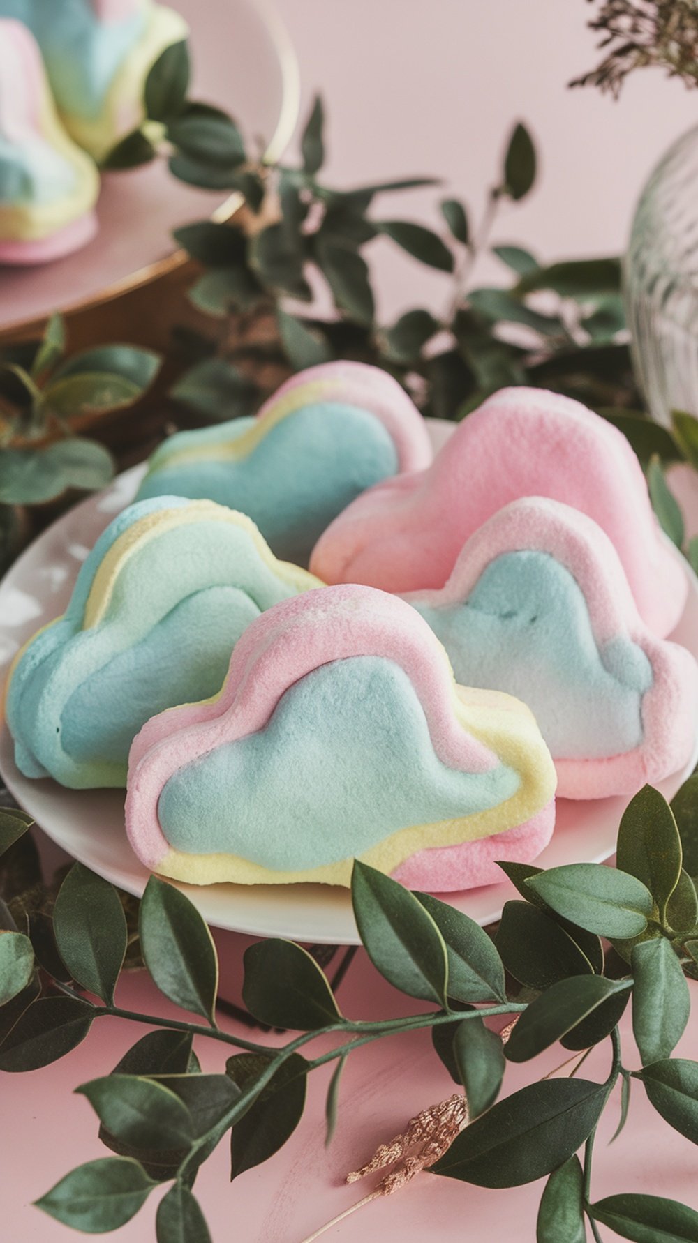 A plate of cute cloud-shaped marshmallow treats in pastel colors.