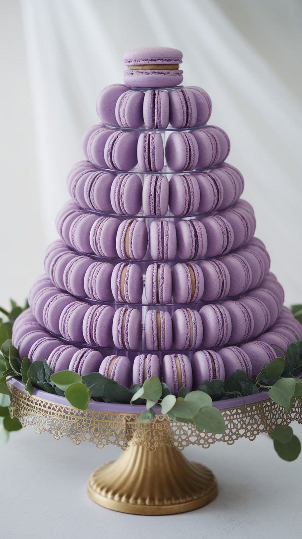 A beautifully arranged tower of lavender macarons on a decorative stand.