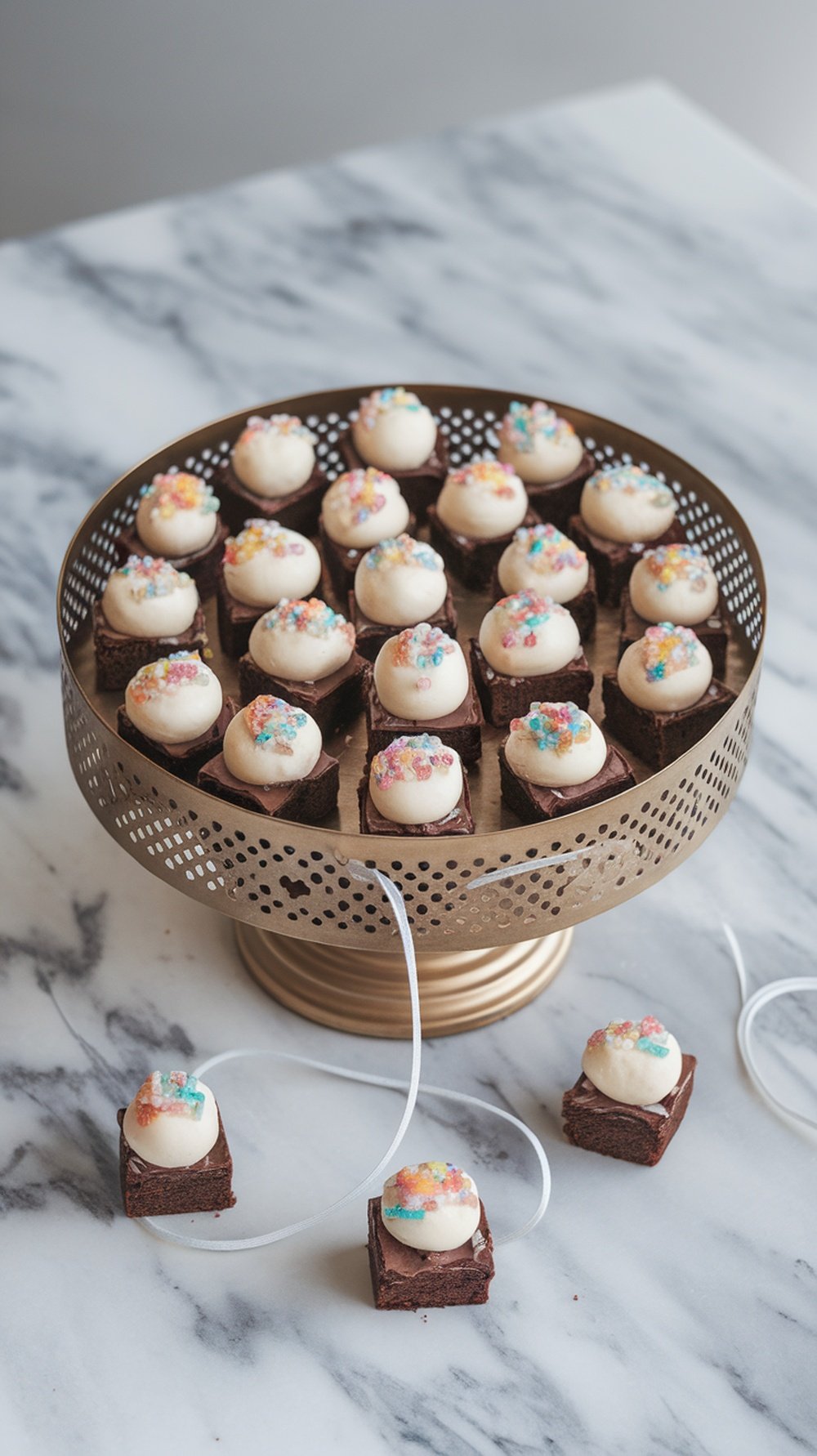 Delicious baby shower brownie bites topped with frosting and colorful sprinkles