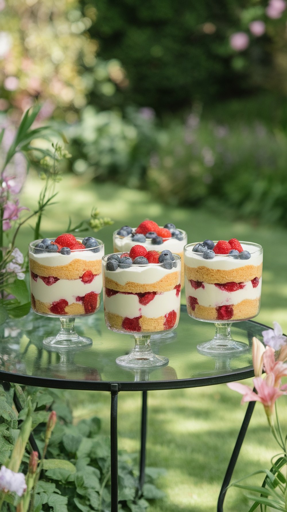 Elegant trifle cups with layers of cake, cream, and berries