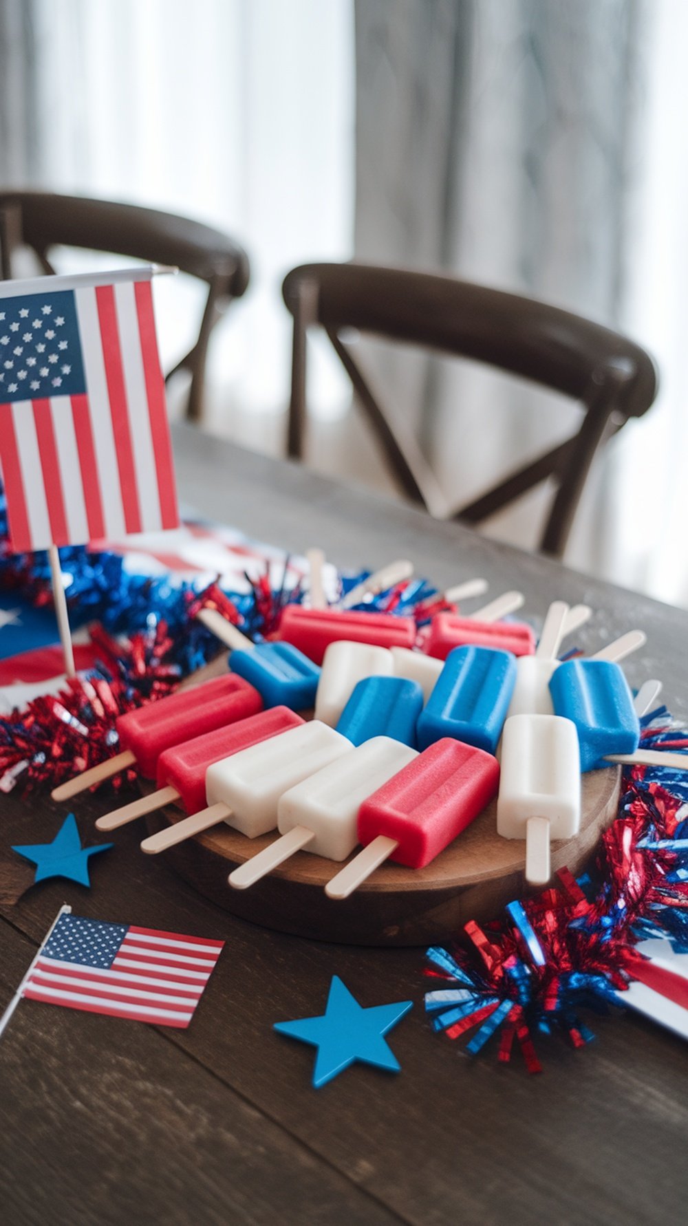 Colorful firecracker ice pops in red, white, and blue.
