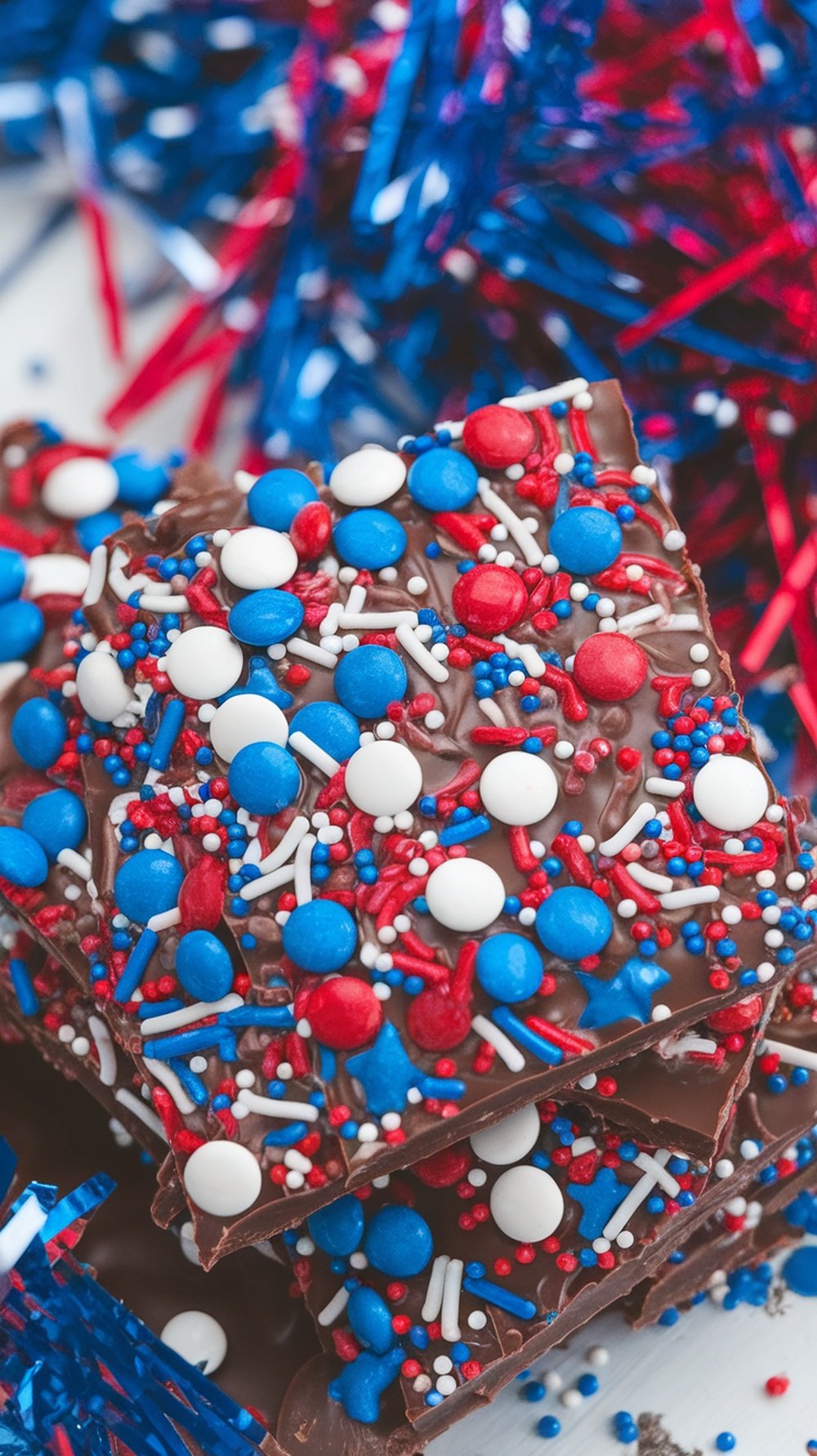 Colorful Fireworks Chocolate Bark topped with sprinkles