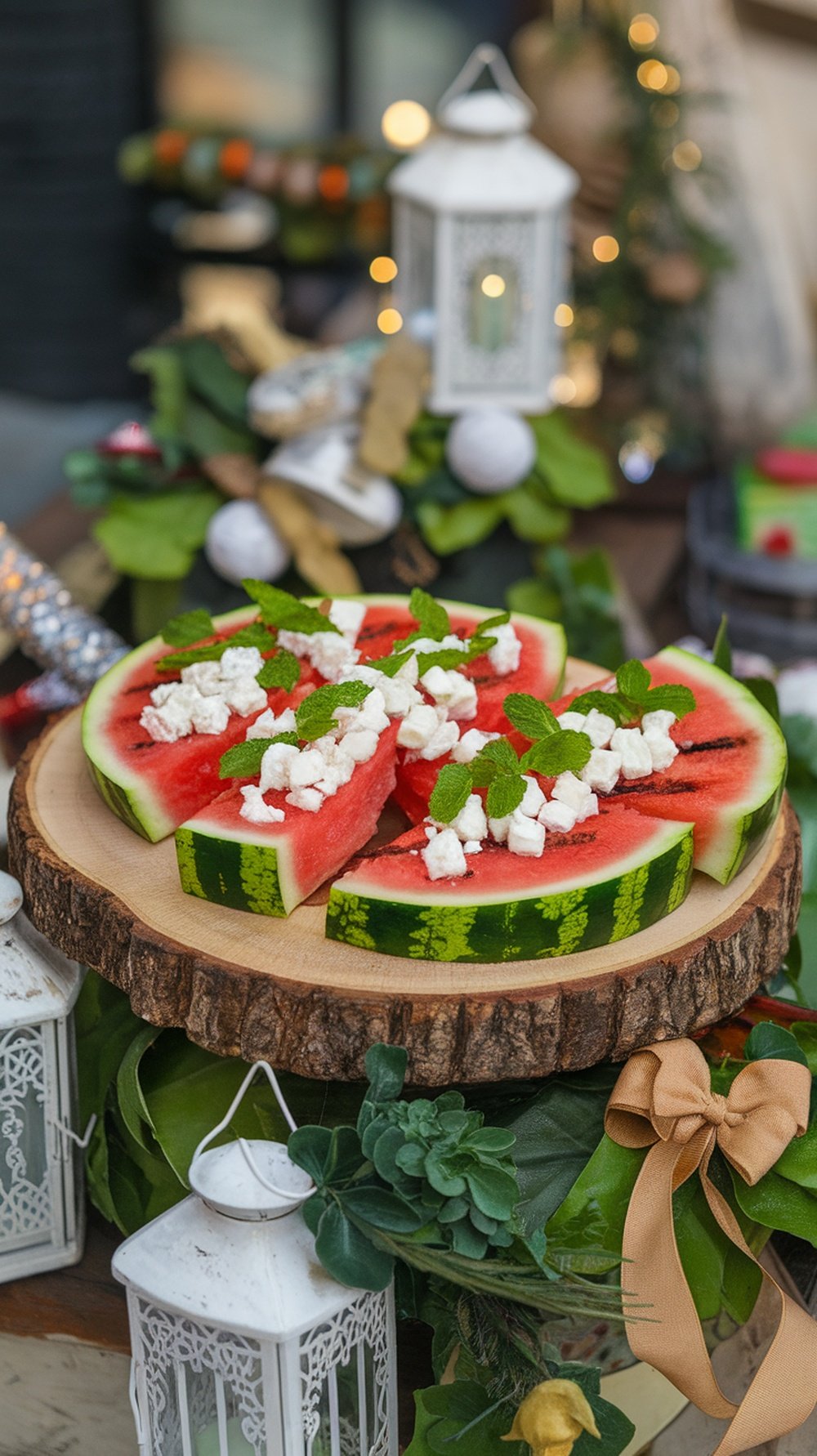 Grilled watermelon wedges topped with feta cheese and mint leaves on a wooden board
