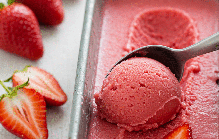 scooping strawberry sorbet for summer