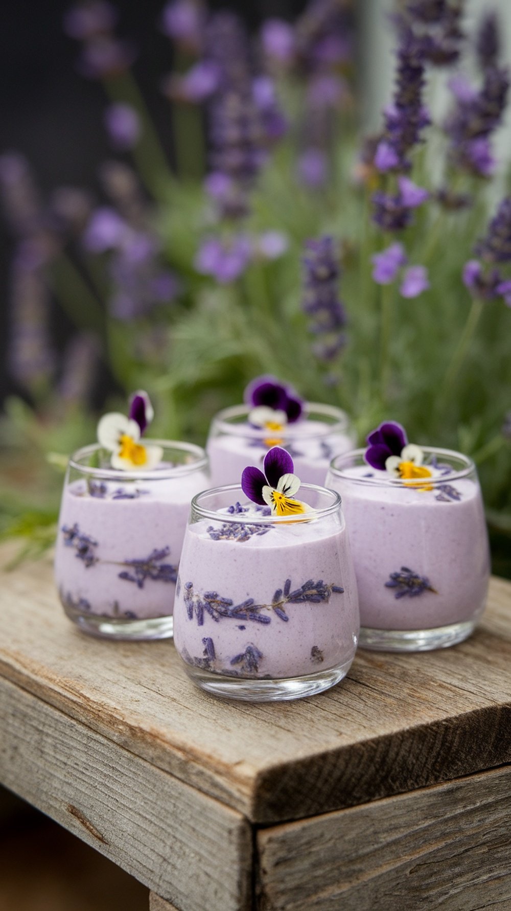Lavender-infused mini mousse served in small cups, garnished with edible flowers and lavender sprigs