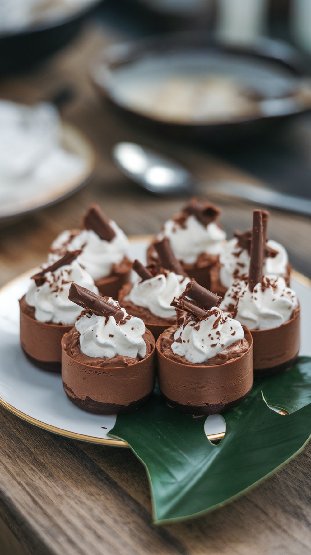 Mini chocolate mousse cups topped with whipped cream and chocolate shavings