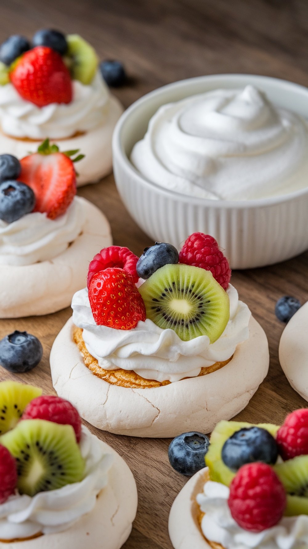 Mini Pavlovas topped with fruits and whipped cream