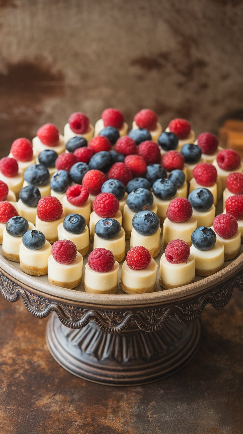 Miniature cheesecake bites adorned with fresh berries on a decorative platter.