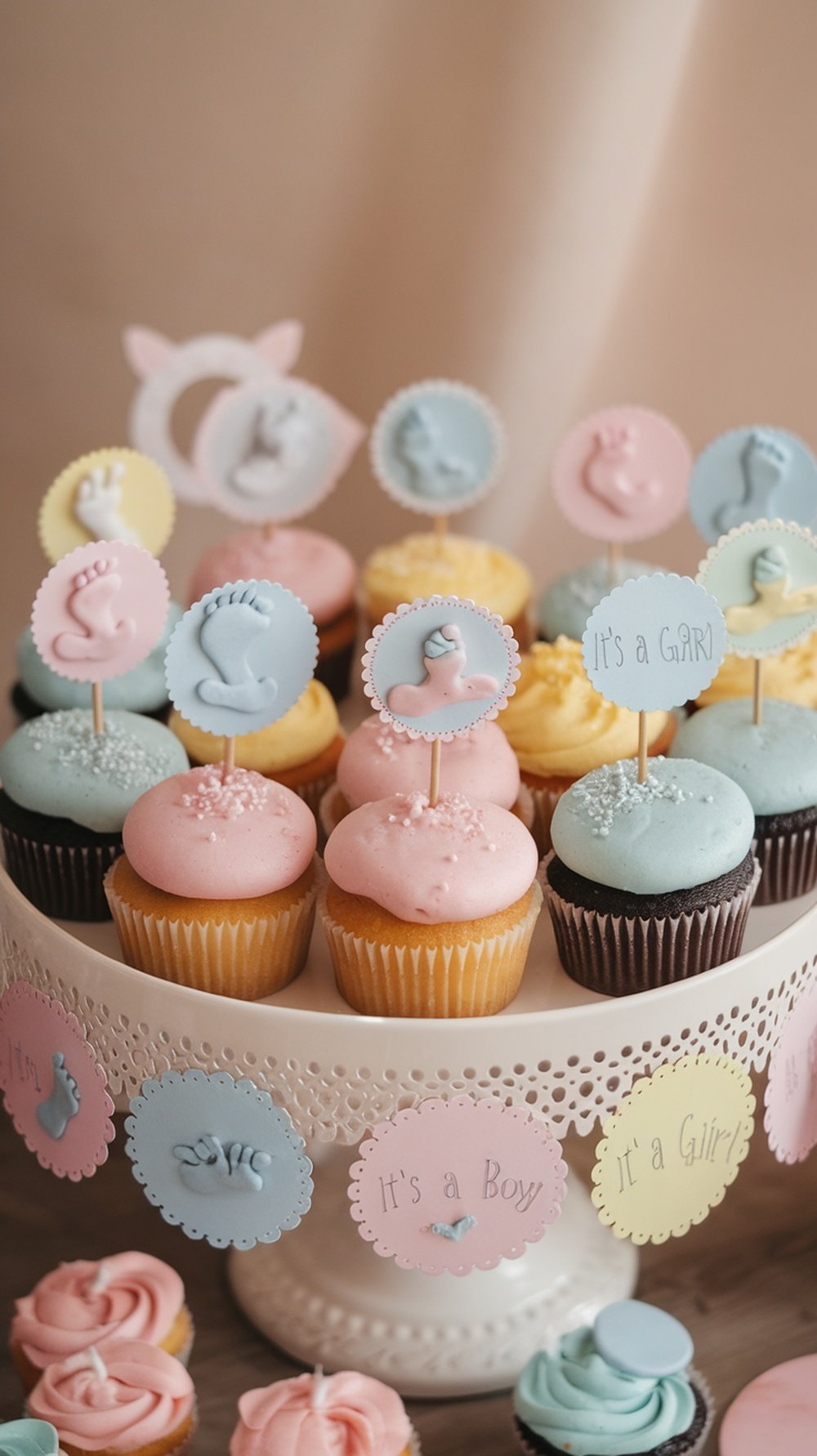 Colorful pastel cupcakes decorated for a baby shower.