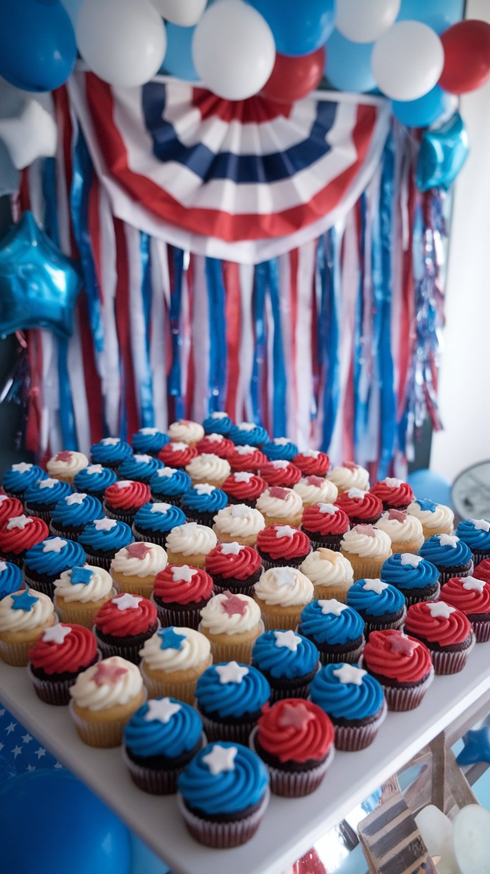 Colorful patriotic cupcakes decorated with star toppers for the 4th of July