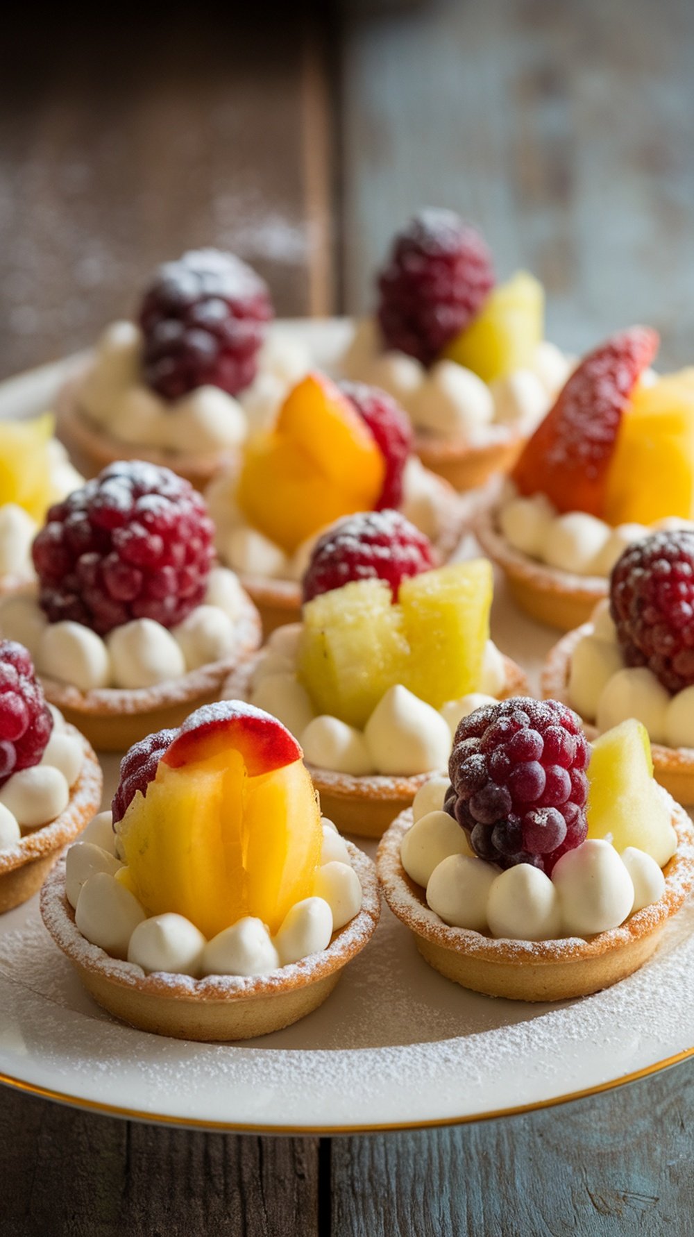 Mini fruit tarts with a variety of fresh fruits on top, showcasing a creamy filling in a golden crust.