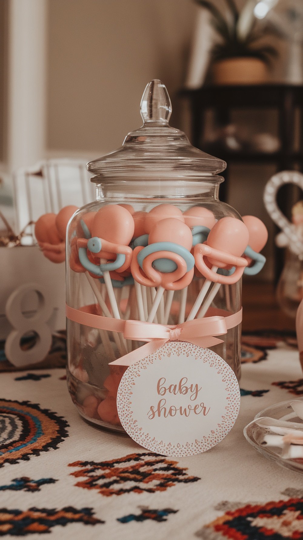 Colorful pacifier candy pops in a jar for a baby shower.
