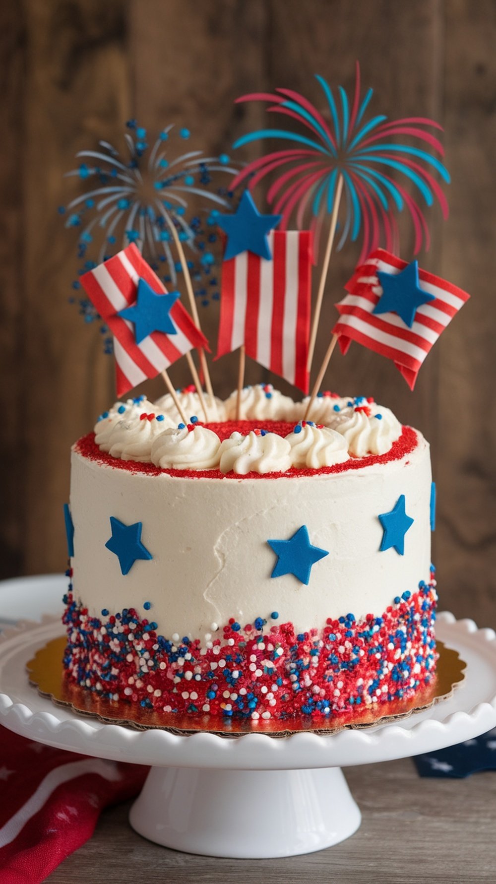 Delicious red velvet cake with cream cheese frosting and festive decorations for the 4th of July.