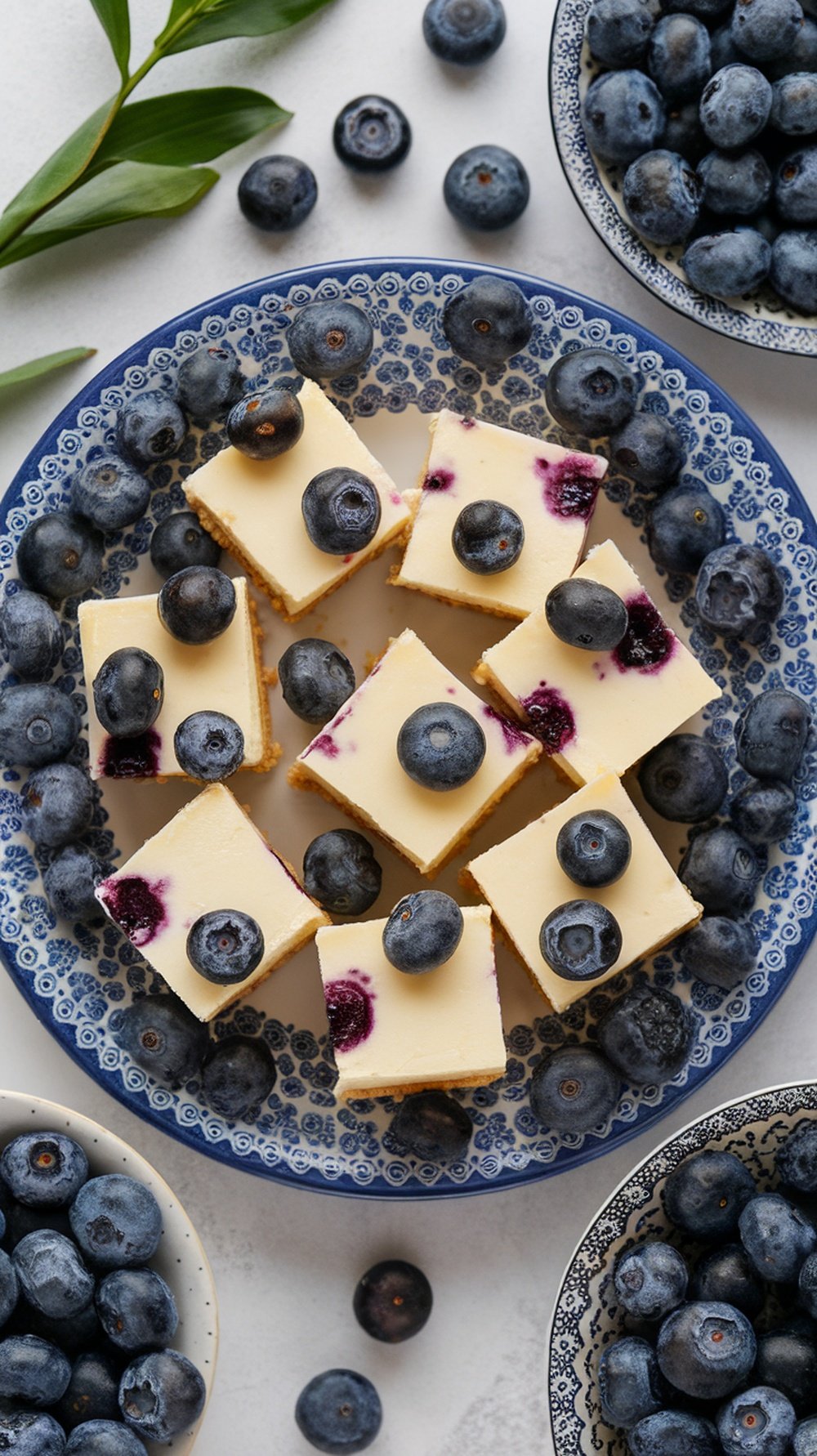 Soft blueberry cheesecake bites on a blue plate with fresh blueberries surrounding them.