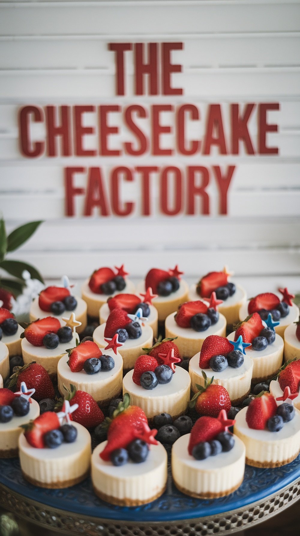 Mini cheesecakes topped with strawberries and blueberries, perfect for 4th of July.