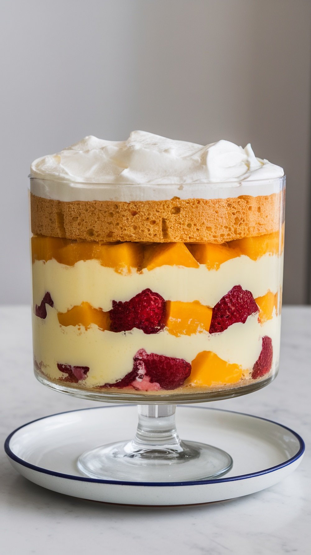 A colorful Sweet Baby Shower Trifle layered with cake, fruits, and cream.