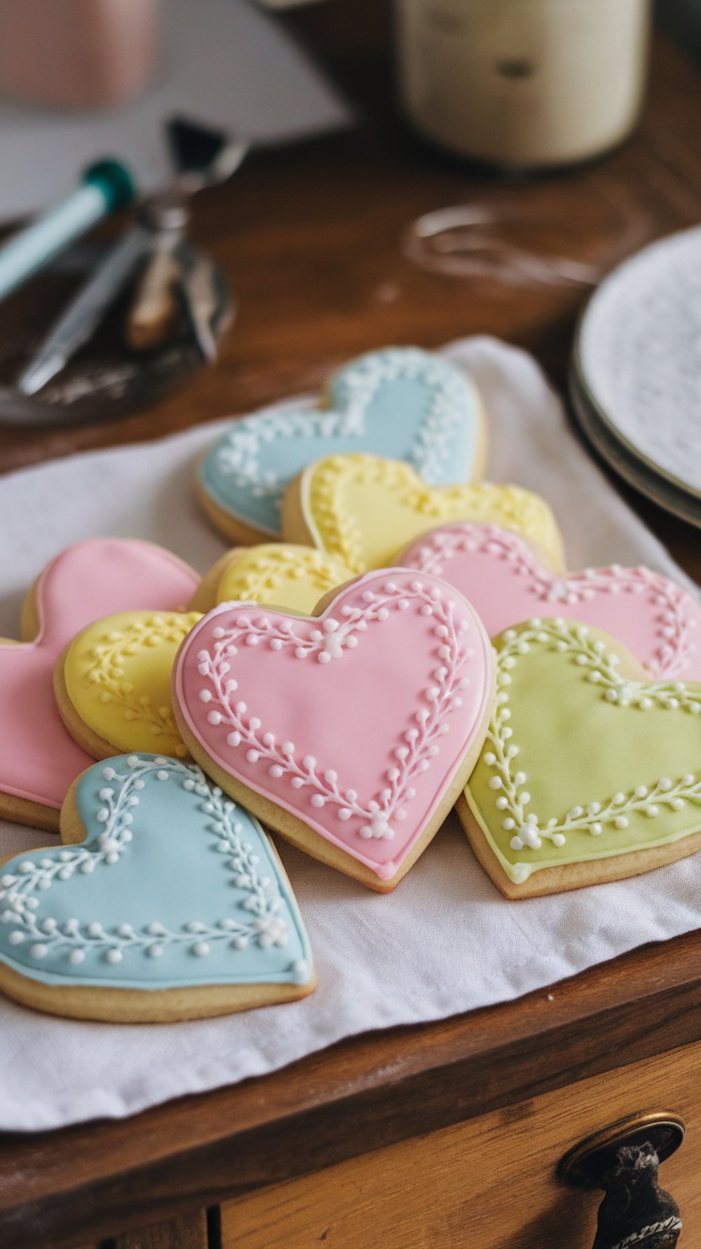 Colorful heart-shaped sugar cookies decorated with icing