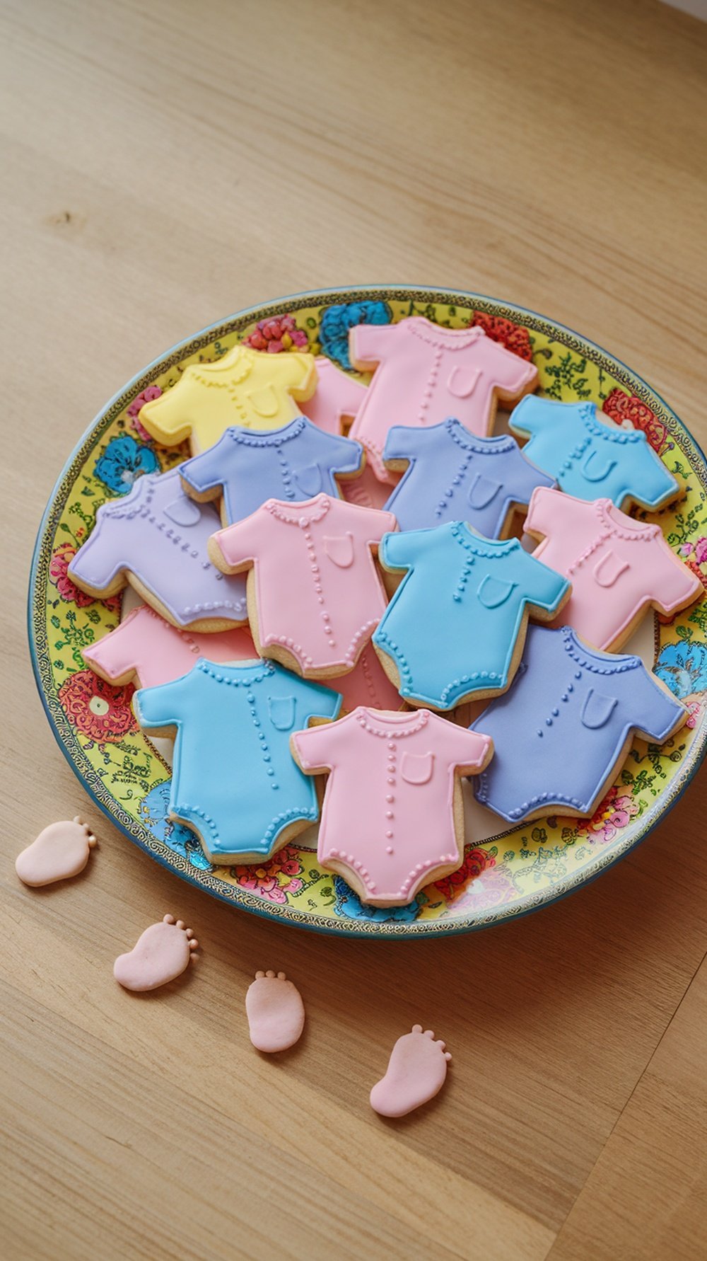 Colorful baby onesie sugar cookies on a decorative plate.