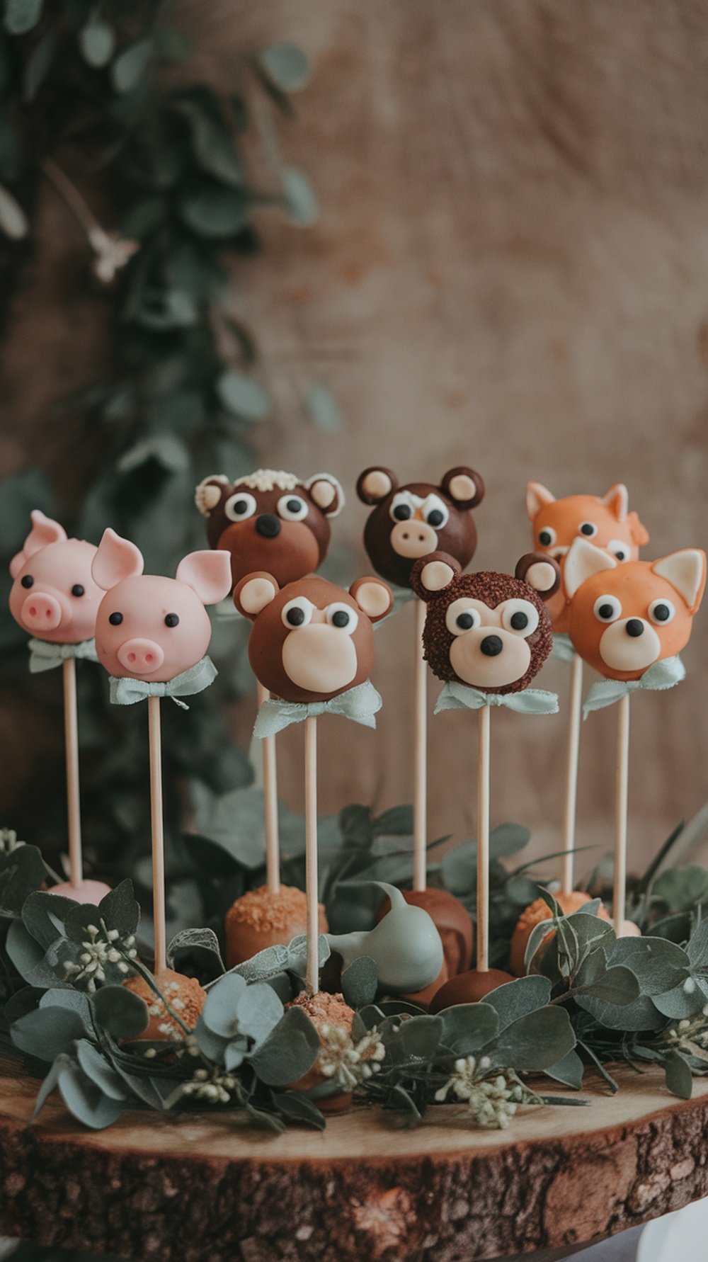 A display of whimsical baby animal cake pops, decorated as various cute animals.