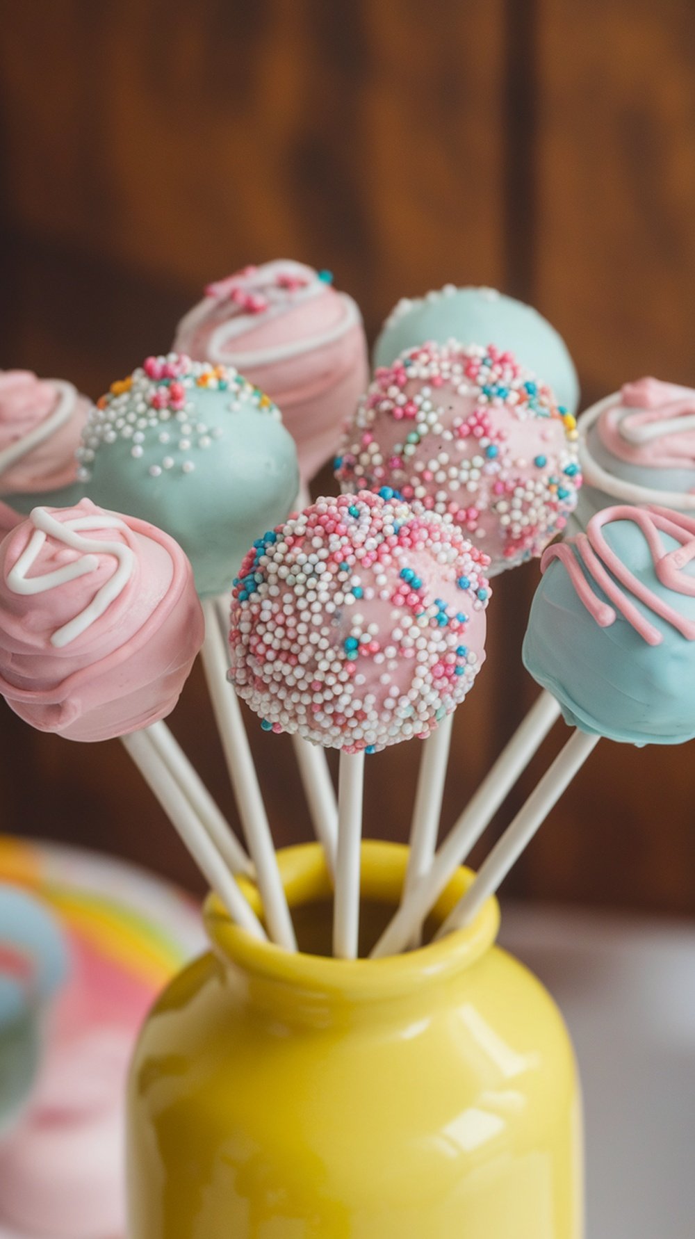 Colorful and decorated cake pops on sticks, styled for a bridal shower.
