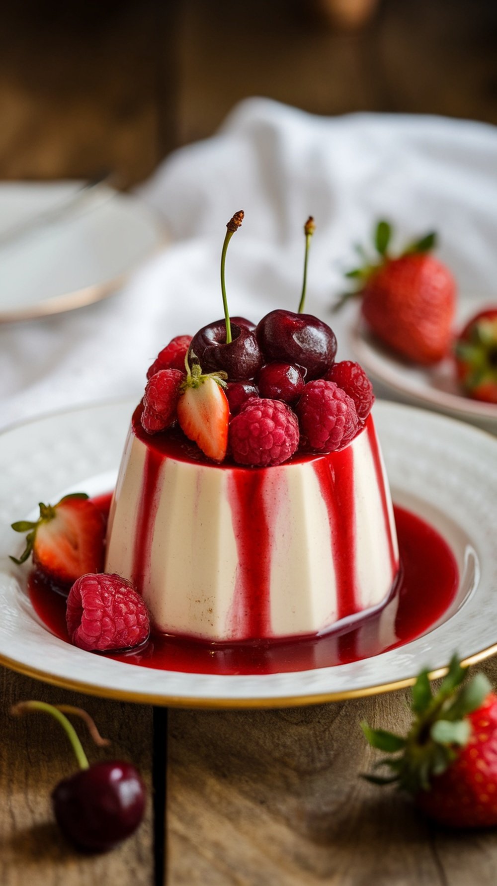 A creamy Vanilla Bean Panna Cotta topped with fresh berries and a berry sauce.